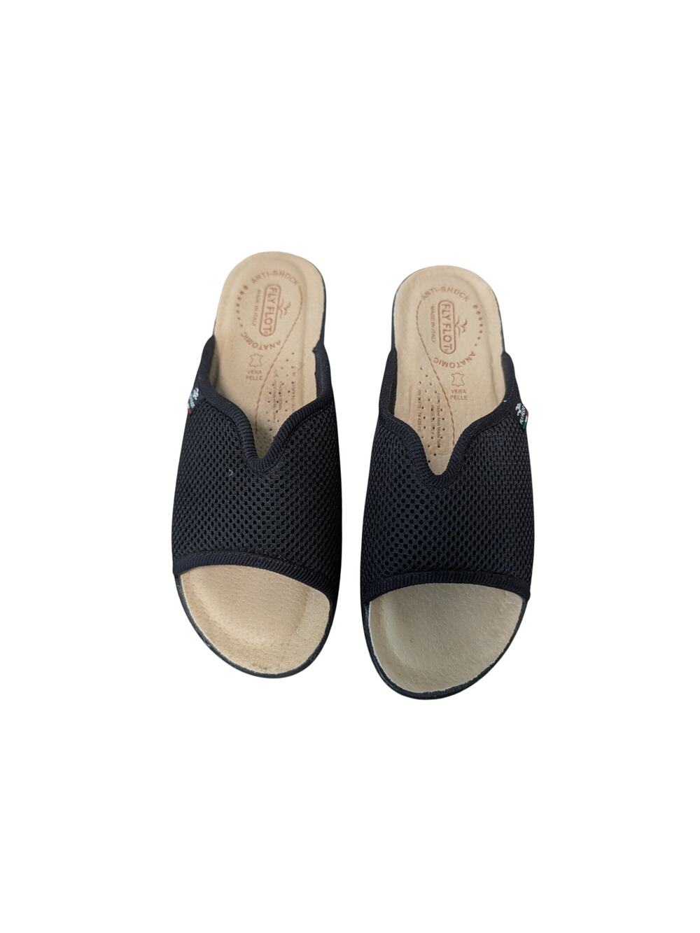 FLYFLOT Women's Cloth Wedge slip on sandal/shoes, slides, Black; size 39;/8